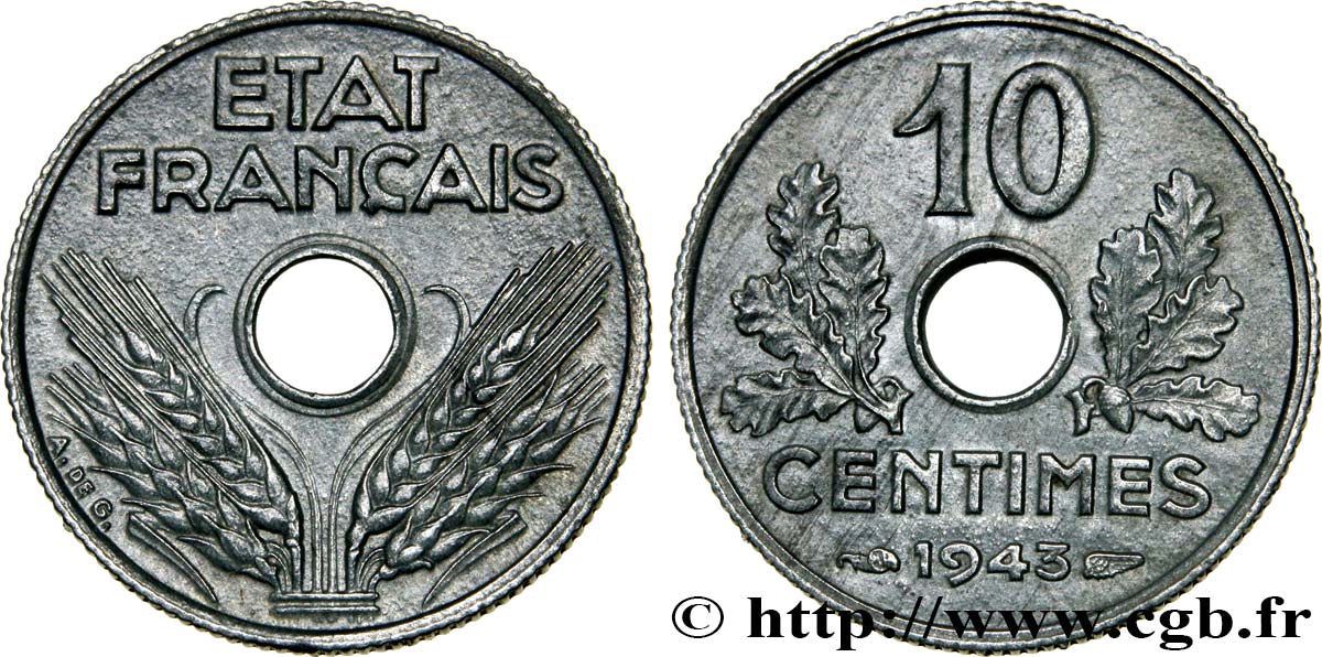 10 centimes État français, petit module 1943  F.142/2 MS63 