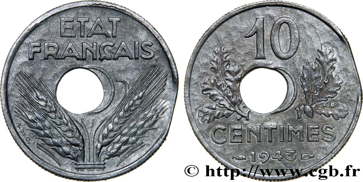10 centimes État français, grand module, double-fautée, trou décentré (type I) et flan clipé 1943  F.141/5 AU50 