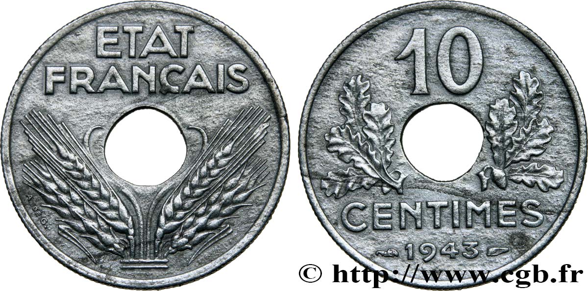 10 centimes État français, grand module 1943  F.141/5 MBC50 