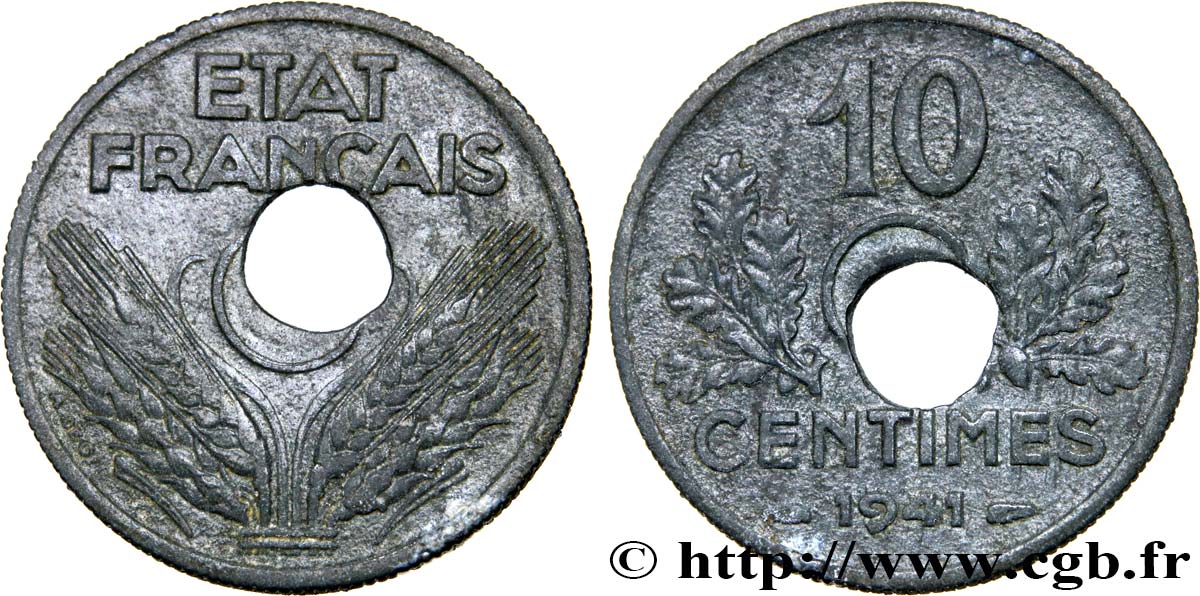 10 centimes État français, grand module, fautée trou décentré de type I 1941 Paris F.141/2 TB35 