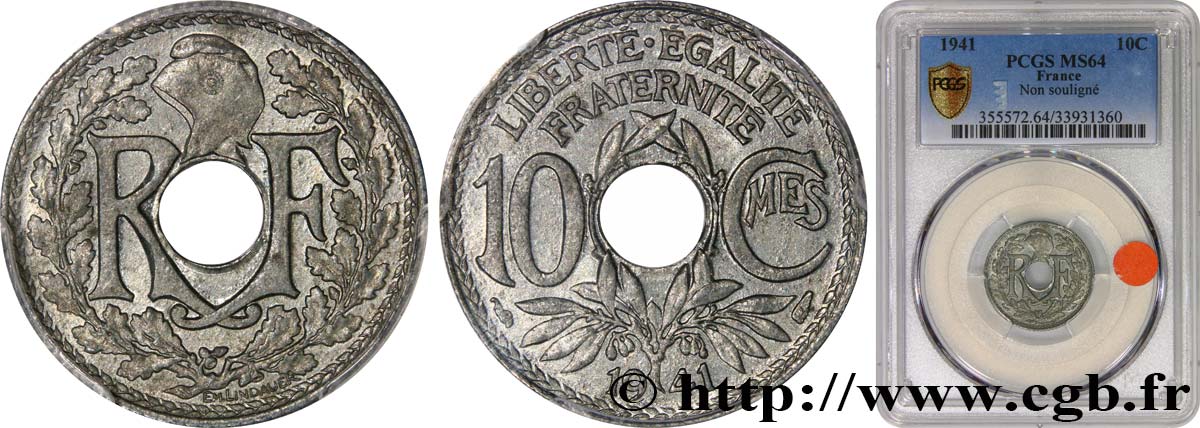 10 centimes Lindauer en zinc, Cmes non souligné et millésime sans points 1941  F.140A/1 fST64 PCGS