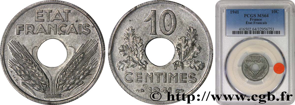 10 centimes État français, grand module, trou décentré de type I 1941 Paris F.141/2 SC64 PCGS