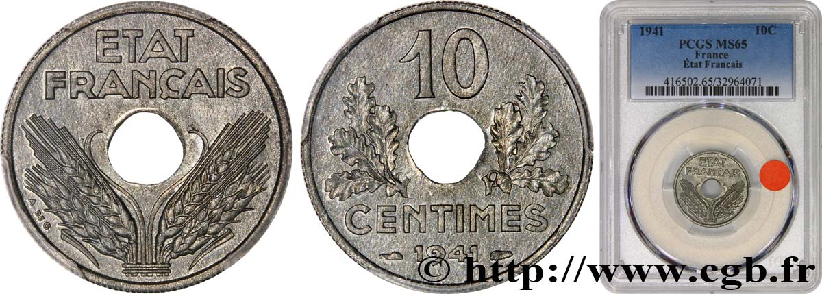 10 centimes État français, grand module, trou décentré de type I 1941 Paris F.141/2 MS65 PCGS