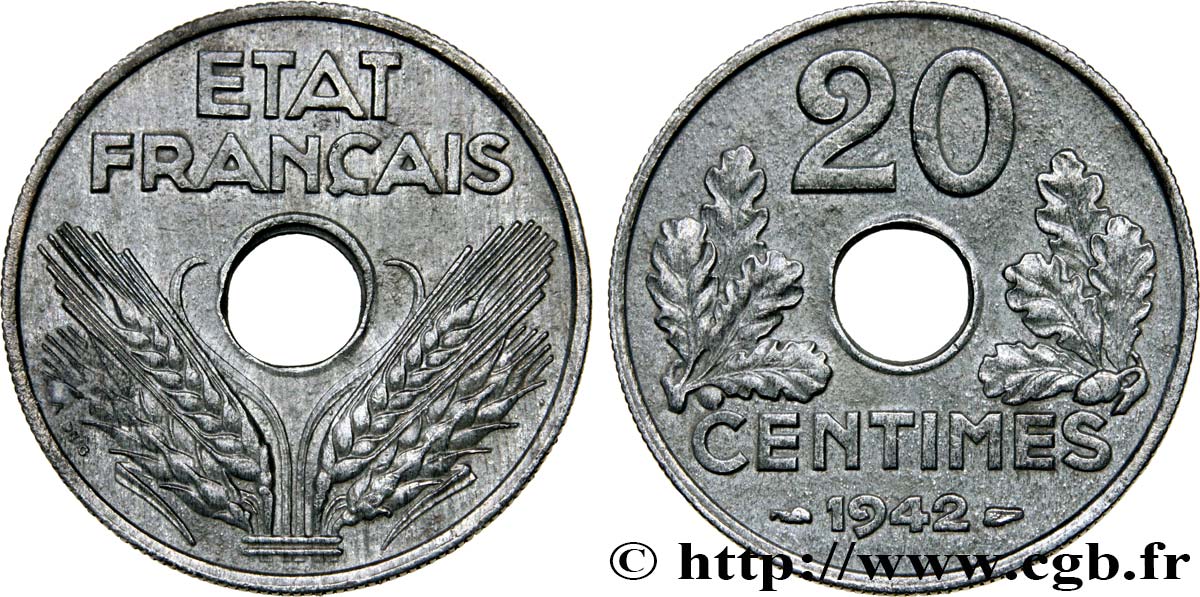 20 centimes État français, lourde 1942  F.153/4 AU58 
