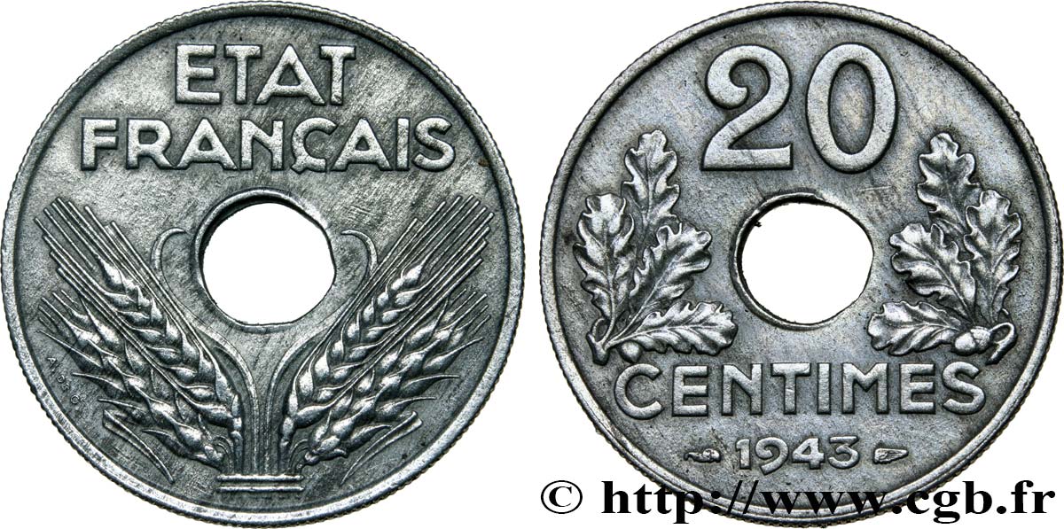 20 centimes État français, lourde 1943  F.153/5 SUP60 