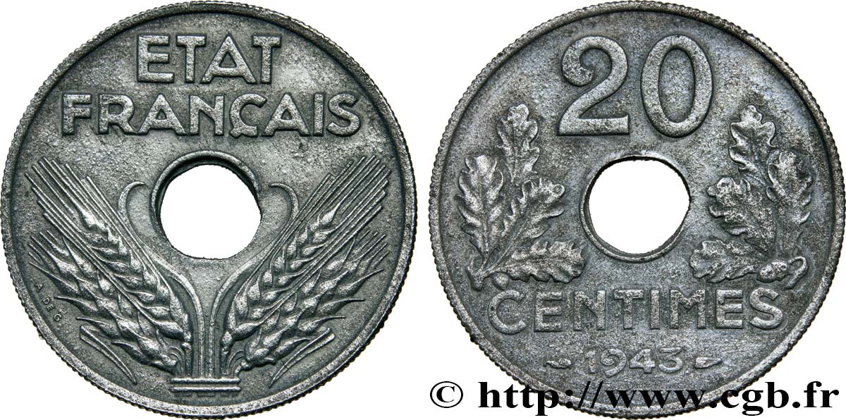 20 centimes État français, légère 1943  F.153A/1 TTB 