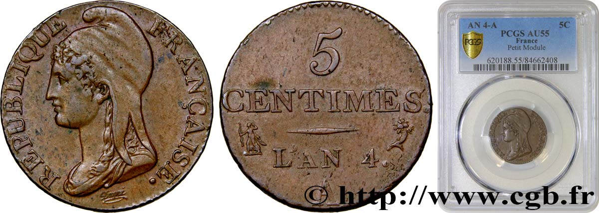 5 centimes Dupré, petit module 1796 Paris F.113/1 EBC55 PCGS