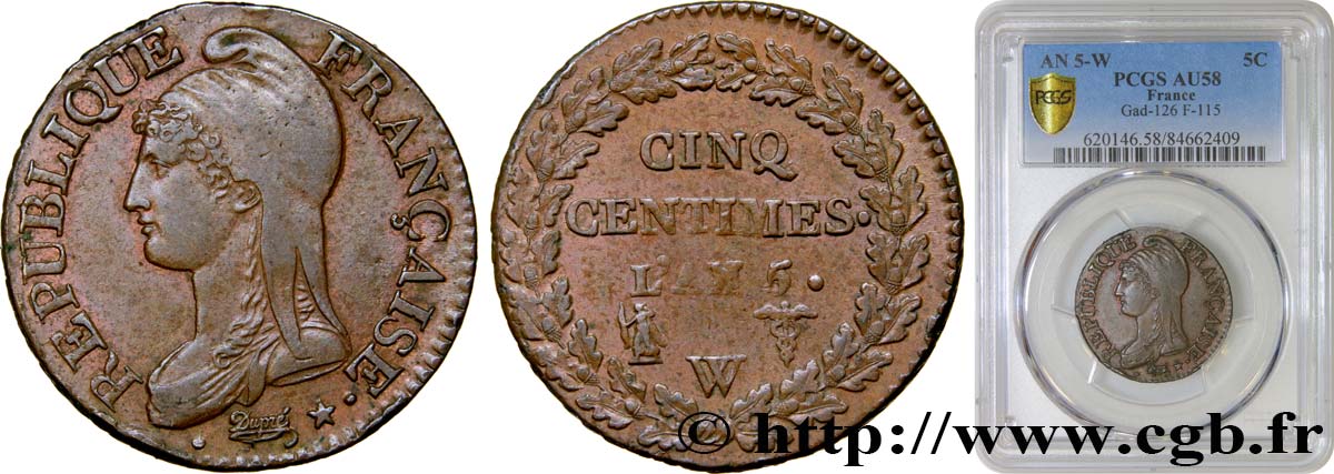 Cinq centimes Dupré, grand module 1797 Lille F.115/31 SUP58 PCGS