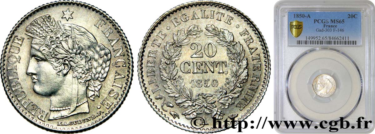 20 centimes Cérès, IIe République 1850 Paris F.146/2 MS65 PCGS