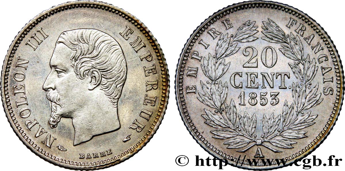 20 centimes Napoléon III, tête nue 1853 Paris F.148/1 EBC+ 