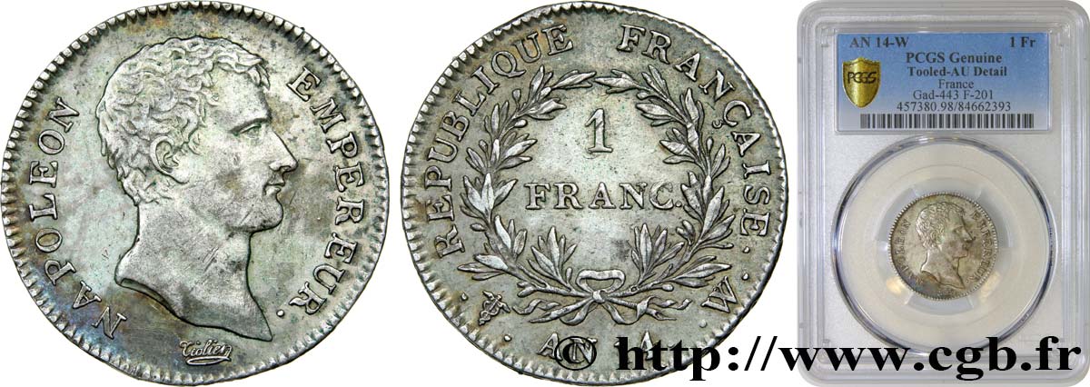 1 franc Napoléon Empereur, Calendrier révolutionnaire 1805 Lille F.201/39 fVZ PCGS