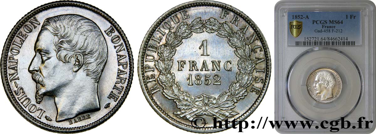 1 franc Louis-Napoléon 1852 Paris F.212/1 SC64 PCGS