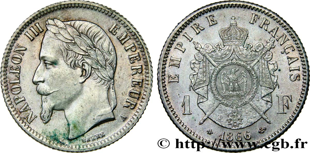 1 franc Napoléon III, tête laurée 1866 Paris F.215/3 AU55 
