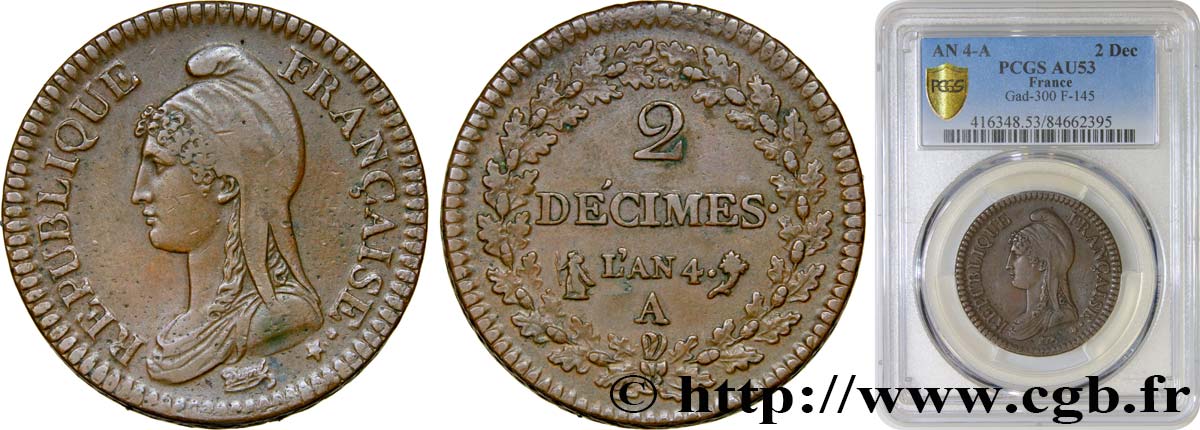 2 décimes Dupré 1796 Paris F.145/1 SS53 PCGS