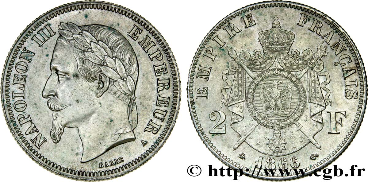 2 francs Napoléon III, tête laurée 1866 Paris F.263/2 SPL55 