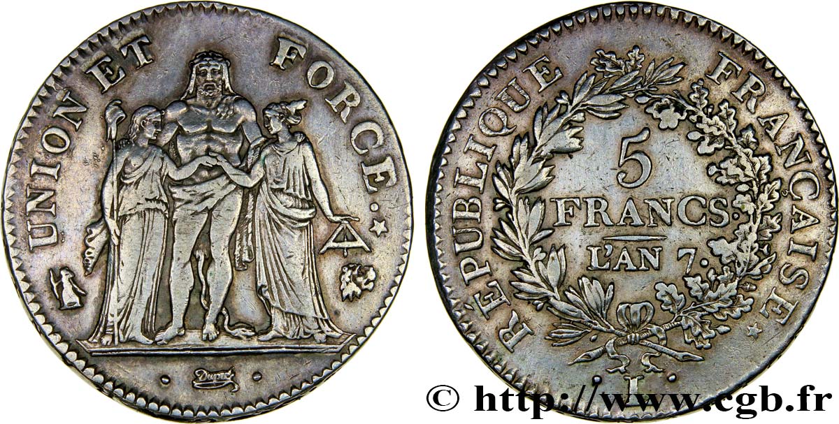 5 francs Union et Force, Union desserré, avec glands intérieurs et gland extérieur 1799 Bayonne F.291/26 SS45 