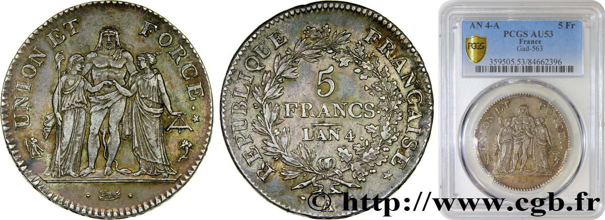 5 francs Union et Force, Union desserré, avec glands intérieurs et gland extérieur 1796 Paris F.291/1 BB53 PCGS