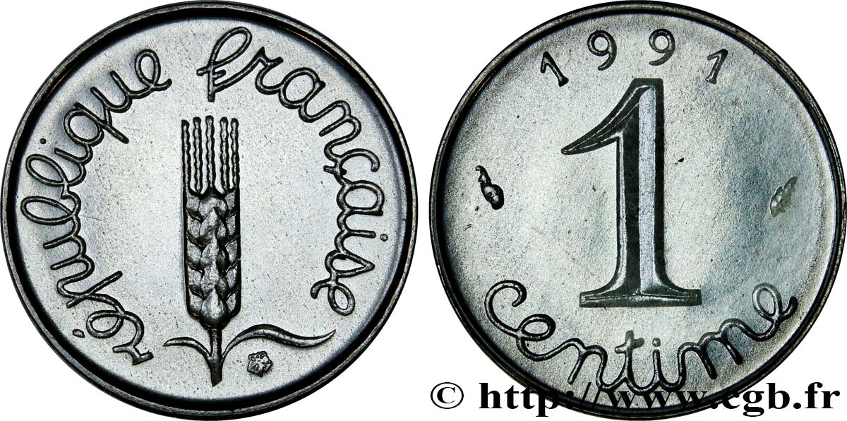 1 centime Épi, BU (Brillant Universel), frappe médaille 1991 Pessac F.106/49 MS68 