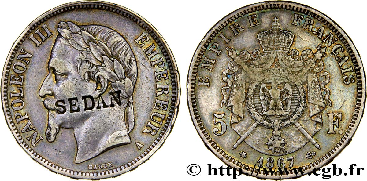 5 francs Napoléon III, tête laurée, contremarqué SEDAN au droit 1867 Paris F.331/10 var. S30 