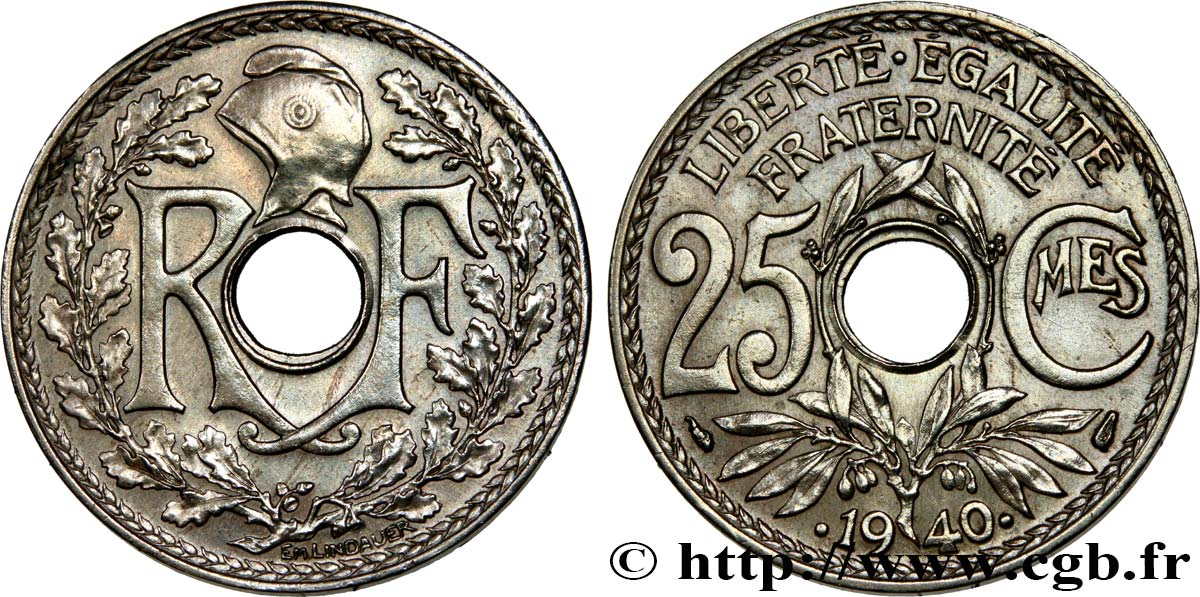 25 centimes Lindauer, maillechort 1940  F.172/4 AU 