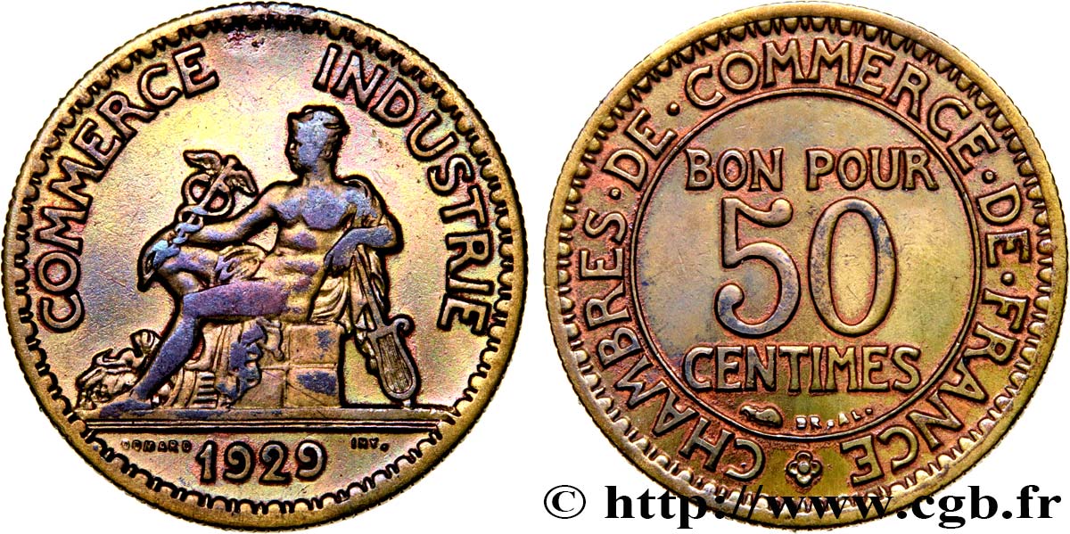 50 centimes Chambres de Commerce 1929 Paris F.191/11 VF35 