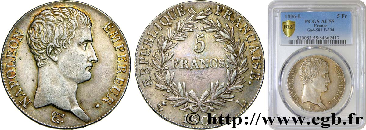 5 francs Napoléon Empereur, Calendrier grégorien 1806 Bayonne F.304/7 SPL55 PCGS