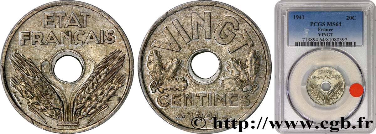 VINGT centimes État français 1941  F.152/2 SC64 PCGS