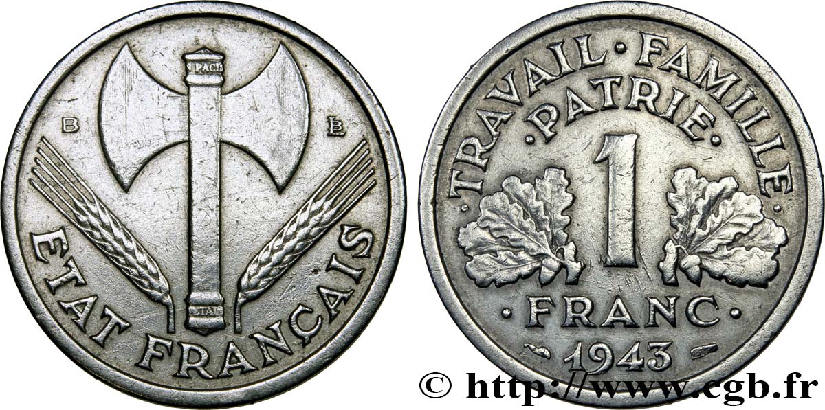 1 franc Francisque, légère 1943 Beaumont-Le-Roger F.223/4 TB35 