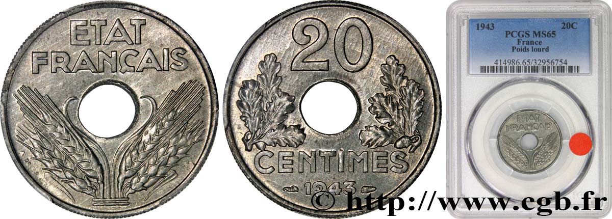 20 centimes État français, lourde 1943  F.153/5 ST65 PCGS