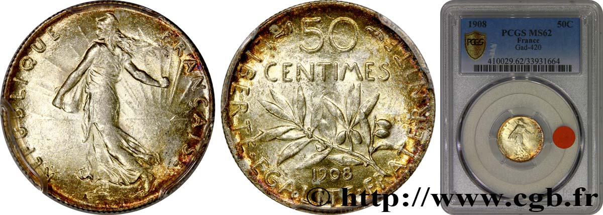 50 centimes Semeuse 1908 Paris F.190/15 MS62 PCGS