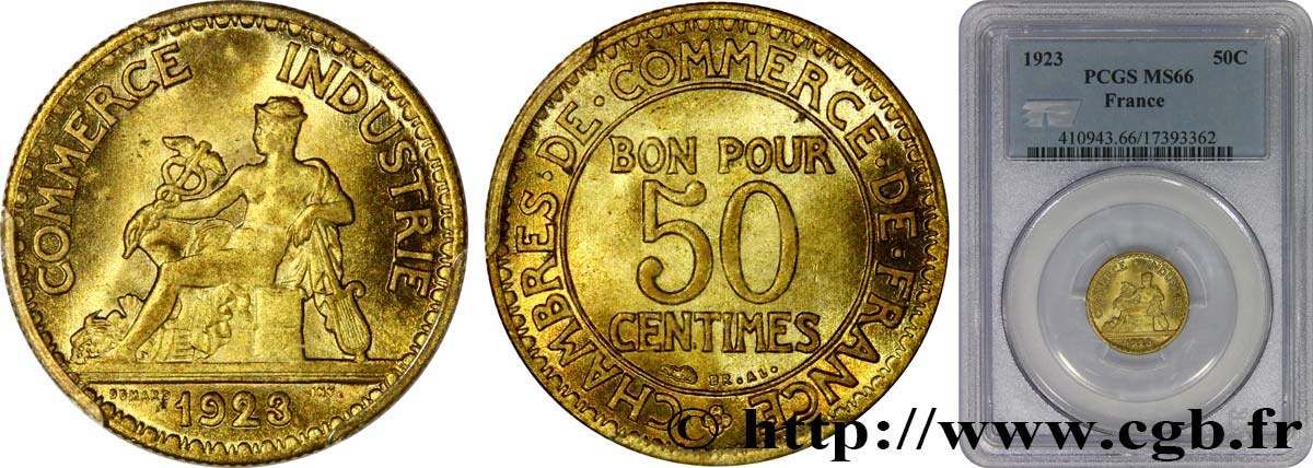 50 centimes Chambres de Commerce 1923 Paris F.191/5 MS66 PCGS