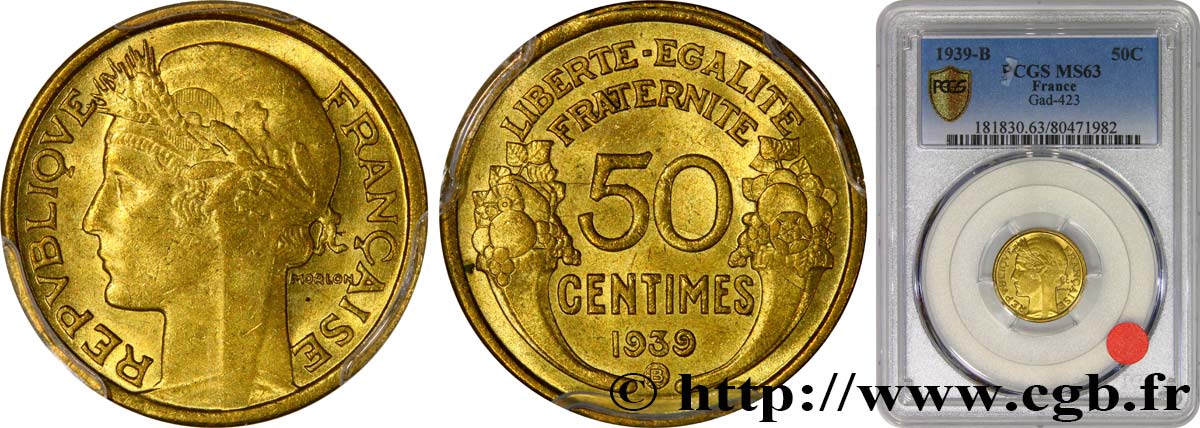 50 centimes Morlon 1939 Bruxelles F.192/16 SPL63 PCGS