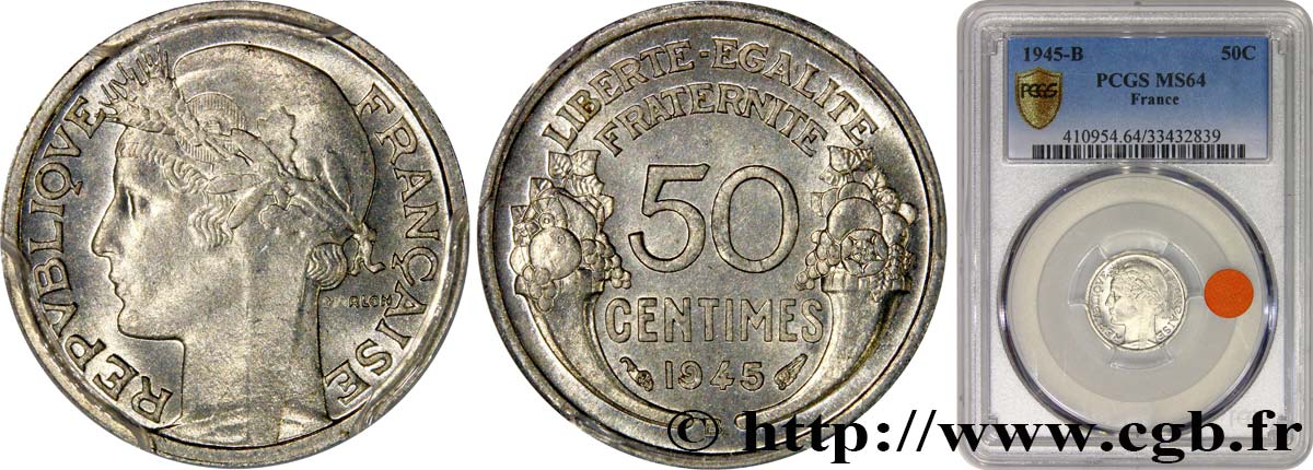 50 centimes Morlon, légère 1945 Beaumont-le-Roger F.194/6 fST64 PCGS