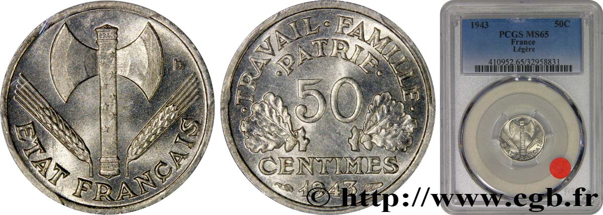 50 centimes Francisque, légère 1943  F.196/2 ST65 PCGS