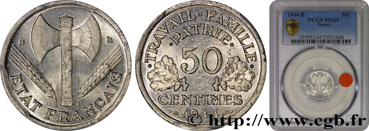 50 centimes Francisque, légère 1944 Beaumont-Le-Roger F.196/5 SPL64 PCGS