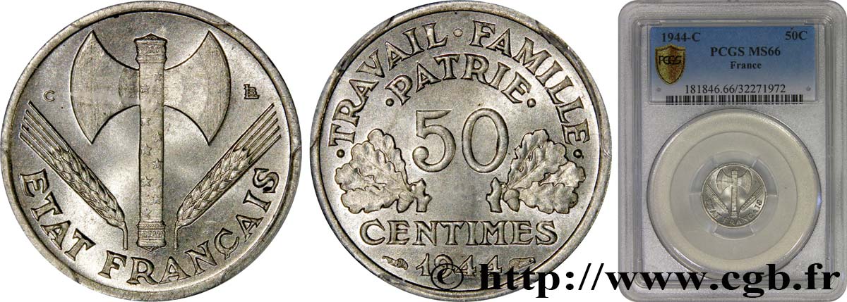 50 centimes Francisque, légère 1944 Castelsarrasin F.196/6 ST66 PCGS