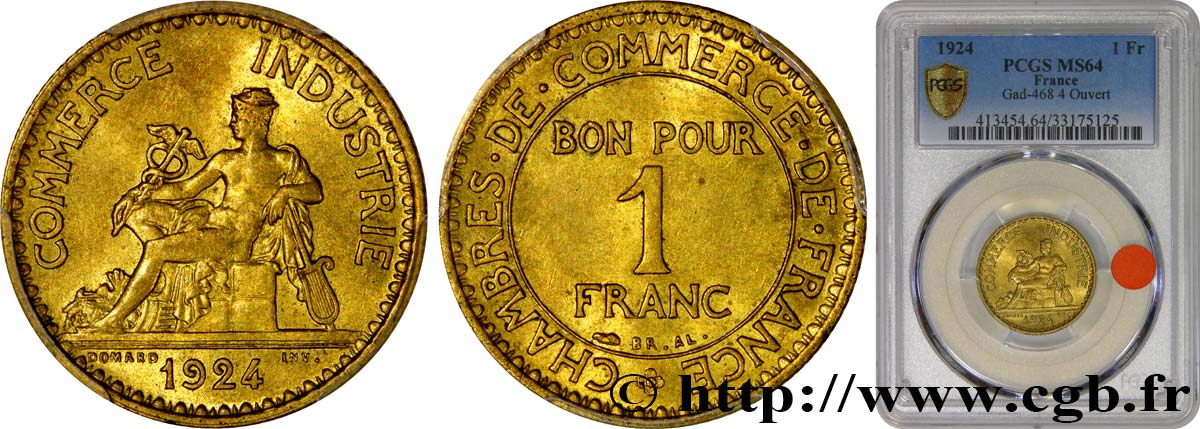 1 franc Chambres de Commerce 1924 Paris F.218/6 fST64 PCGS