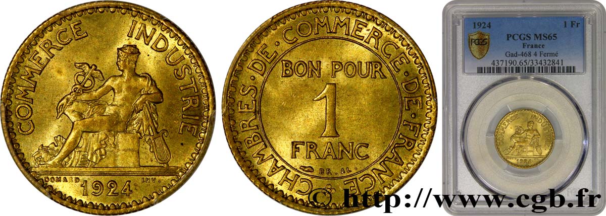 1 franc Chambres de Commerce 1924 Paris F.218/6 ST65 PCGS