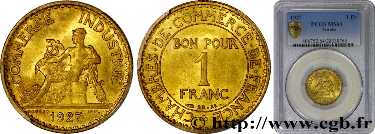 1 franc Chambres de Commerce 1927 Paris F.218/9 fST64 PCGS