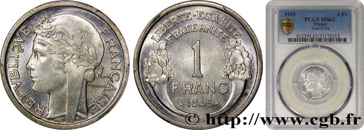 1 franc Morlon, légère 1945  F.221/6 SC63 PCGS