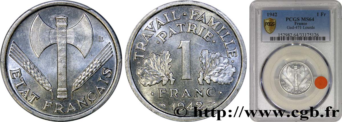 1 franc Francisque, lourde 1942  F.222/3 SPL64 PCGS