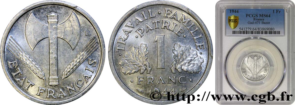 1 franc Francisque, légère 1944  F.223/5 SC64 PCGS