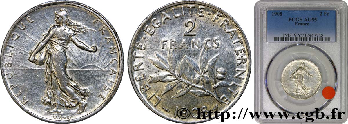 2 francs Semeuse 1908  F.266/10 EBC55 PCGS