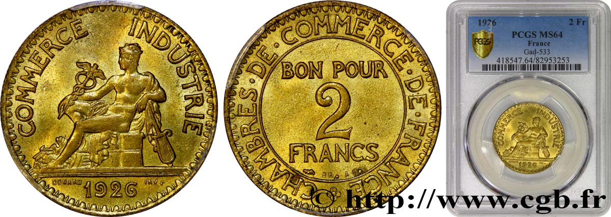 2 francs Chambres de Commerce 1926  F.267/8 MS64 PCGS