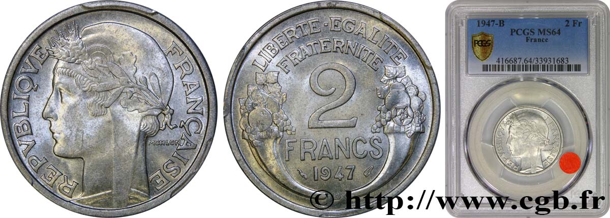 2 francs Morlon, aluminium 1947 Beaumont-Le-Roger F.269/11 SC64 PCGS