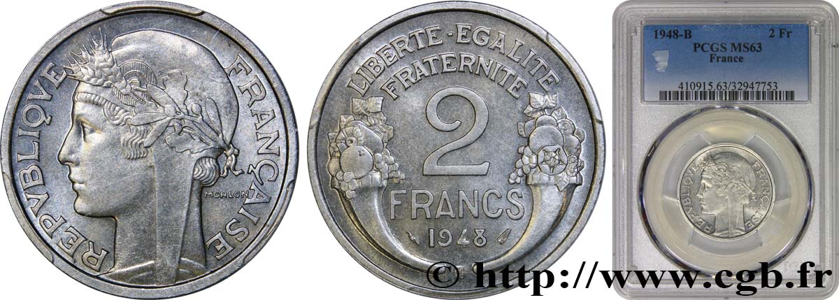 2 francs Morlon, aluminium 1948 Beaumont-Le-Roger F.269/13 MS63 PCGS