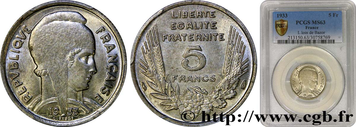 5 francs Bazor 1933  F.335/2 SC63 PCGS