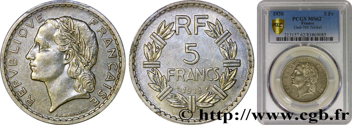 5 francs Lavrillier, nickel 1938  F.336/7 SUP62 PCGS