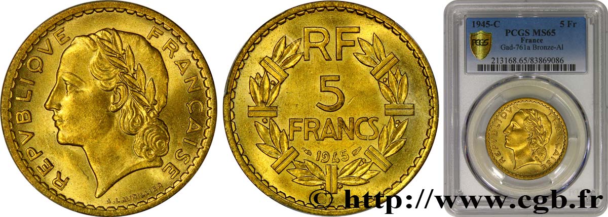 5 francs Lavrillier, bronze-aluminium 1945 Castelsarrasin F.337/6 ST65 PCGS
