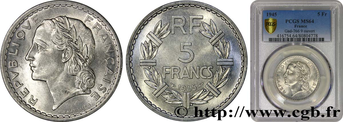 5 francs Lavrillier, aluminium 1945  F.339/3 MS64 PCGS